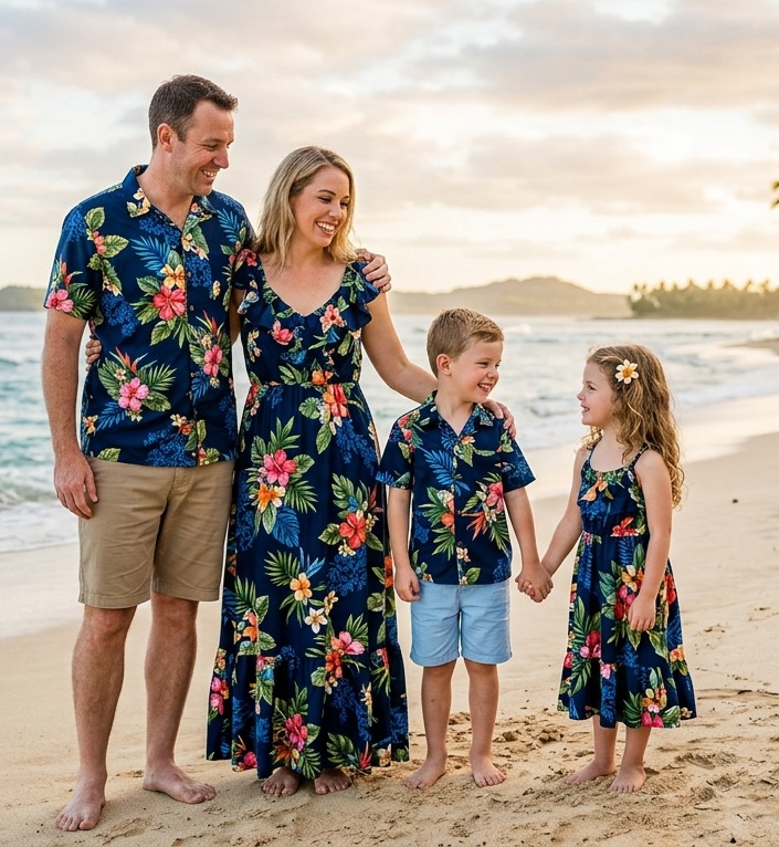 Family of four in matching navy floral bula shirts and island dress on the beach at sunset