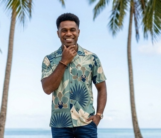 Man wearing a sage green floral bula shirt on a palm-lined Fiji beach