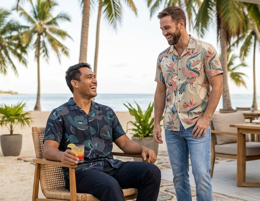 Two men wearing patterned bula shirts relaxing on a beachfront patio