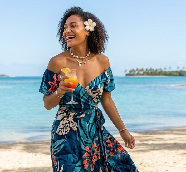 Woman in a colourful floral island dress with a flower in her hair on a tropical beach