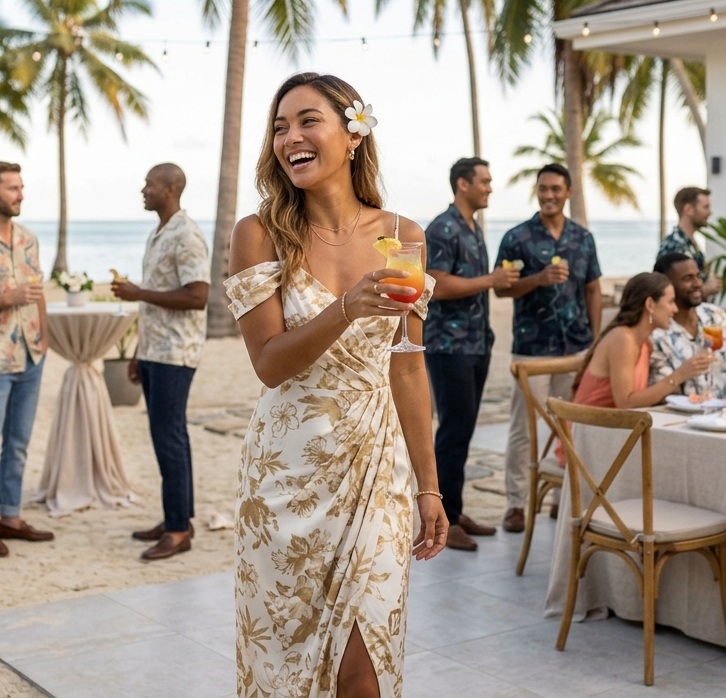 Woman in a white and gold floral wrap dress at a beachside gathering, with guests in bula shirts nearby