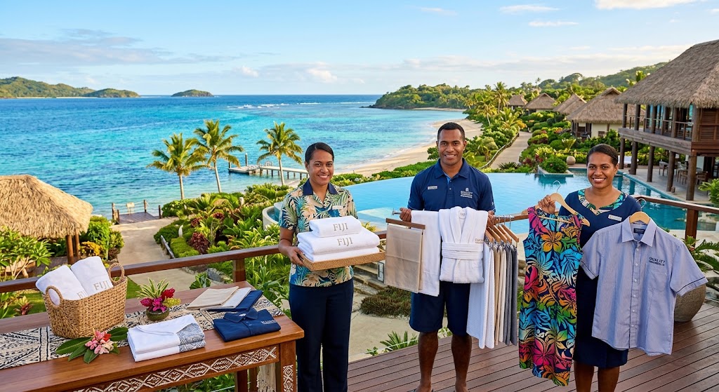 Turquoise resort beach in Fiji, representing the hospitality industry Acme Garments supplies