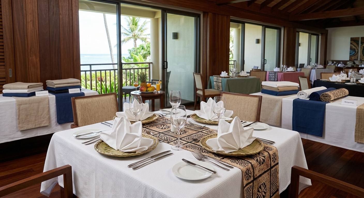 Elegant hotel table setting with white linen