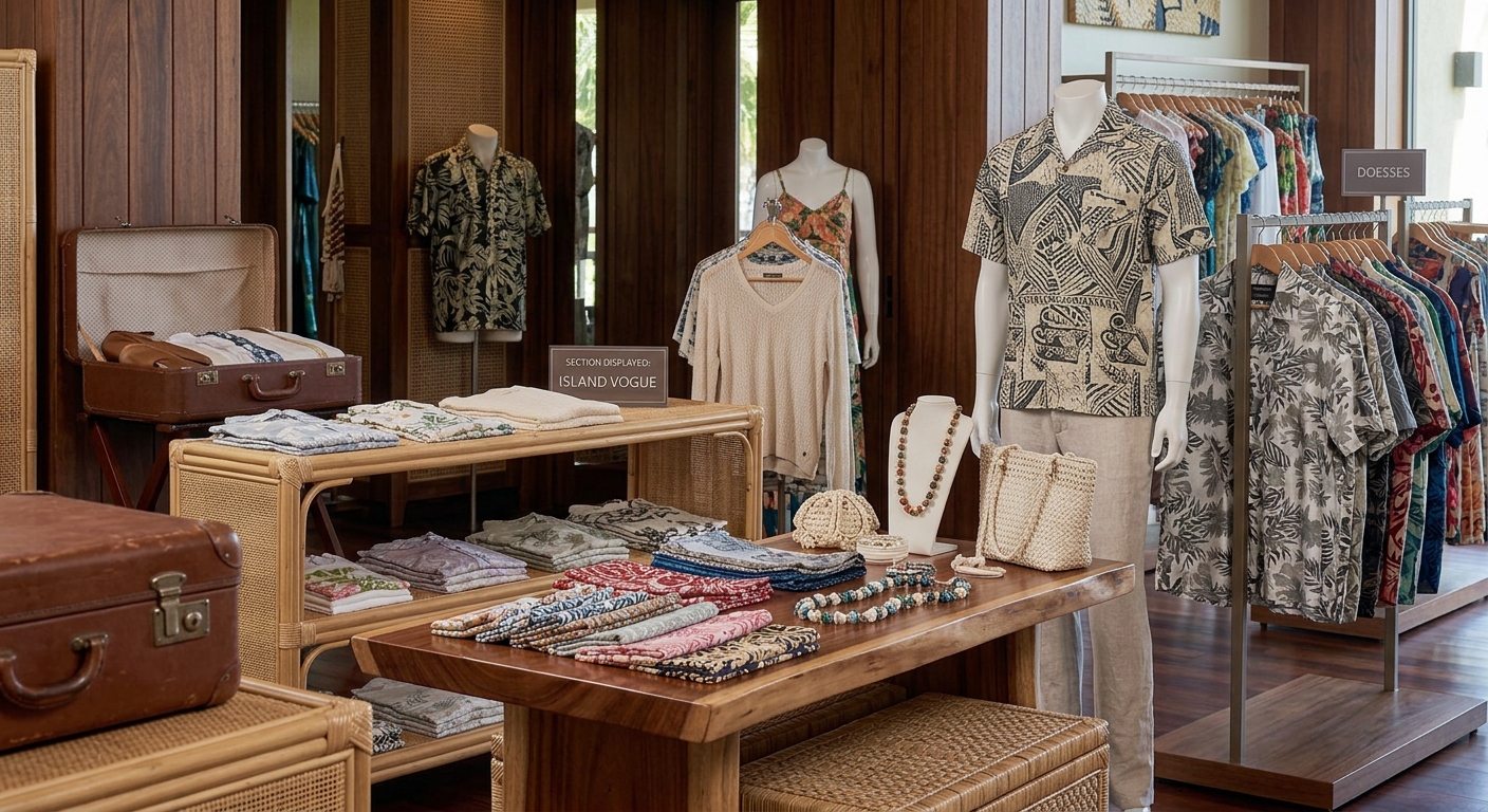 Interior of the Acme retail boutique with island-print shirts and dresses on display